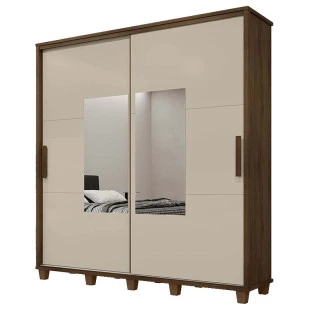 Guarda Roupa Casal 228cm Portas Correr Com Espelho Monte Carlo RV Móveis Freijo/Off White