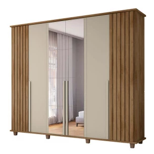 Guarda Roupa Ripado Casal 6 Portas 240cm Com Espelho França RV Móveis Cinamomo/Off White