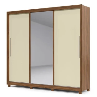 Guarda Roupa Casal Solteiro 3 Portas Correr 1 Porta de Espelho e Pés 228cm Royale Gelius Nogueira/Off White