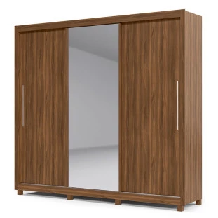 Guarda Roupa Casal Solteiro 3 Portas Correr 1 Porta de Espelho e Pés 228cm Royale Gelius Nogueira