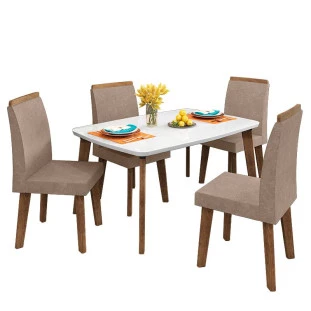 Conjunto Mesa de Jantar Tampo Vidro Com 04 Cadeiras 120x90 Jade RV Móveis Off White/Pena Caramelo