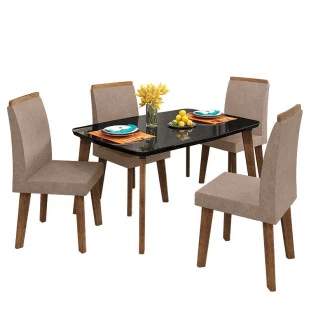 Conjunto Mesa de Jantar Tampo Vidro Com 04 Cadeiras 120x90 Jade RV Móveis Preto/Pena Caramelo