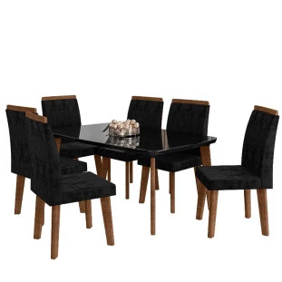 Conjunto Mesa de Jantar Tampo Vidro Com 06 Cadeiras 170x90 Jade RV Móveis Preto/Preto