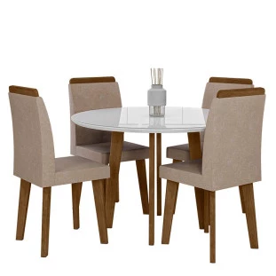 Conjunto Mesa de Jantar Redonda Tampo Vidro Com 04 Cadeiras Turmalina RV Móveis Branco/Pena Caramelo