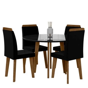 Conjunto Mesa de Jantar Redonda Tampo Vidro Com 04 Cadeiras Turmalina RV Móveis Preto/Preto
