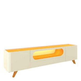 Rack Com LED Pra TV 75 Polegadas Design Exclusivo 210cm Nobre Pés de Madeira Gelius Off White
